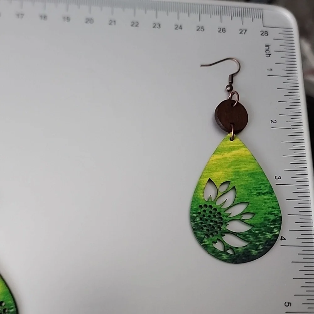 Wood Cutout Colorful SunFlower  BOHEMIAN  Disc/Teardrop Lightweight Ear - Picture 3 of 5